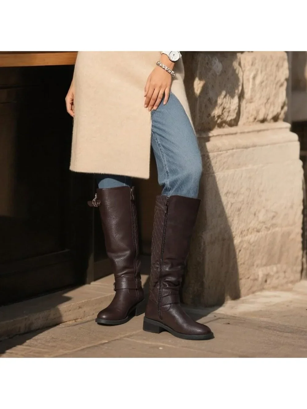 Women's Brown Comfortable Chunky Block Heel Round Toe Side Zipper Knee High Boot